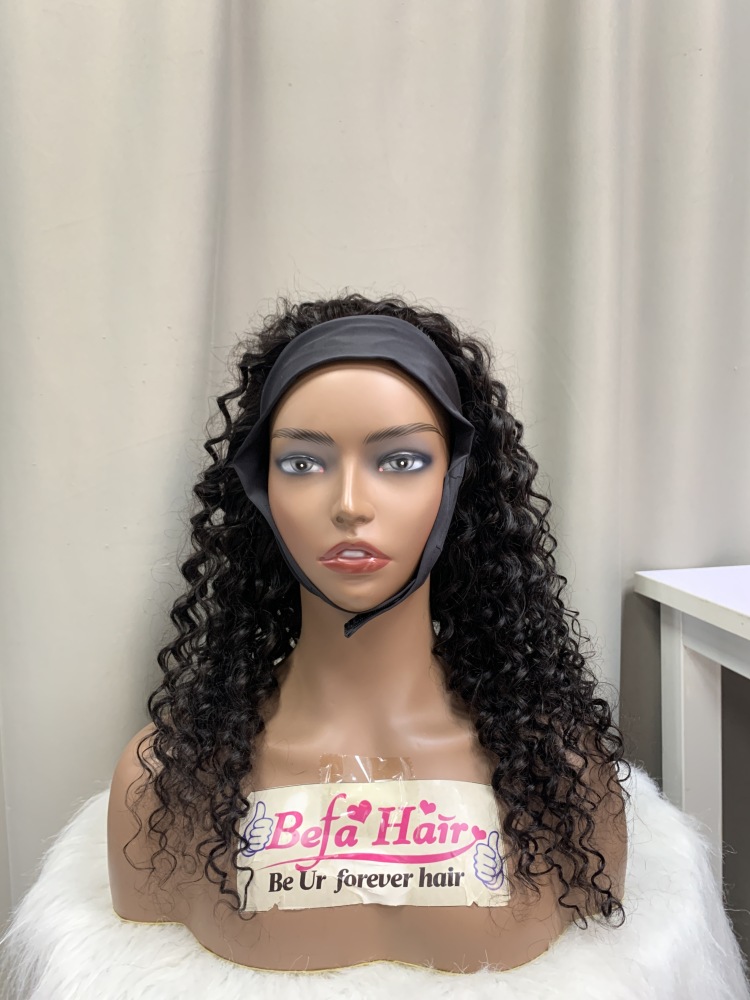 Befa Hair Wholesale Deep Curly Headband Wig Human Hair 200% Density Natural Black Headband Curly Wig