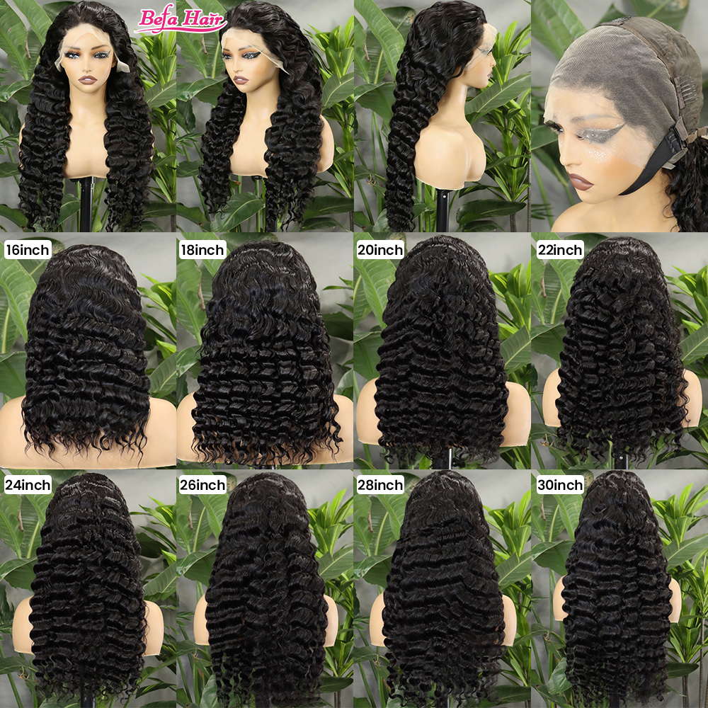 Befa Hair Promotional Natural Black Deep Wave 250% Density Virgin Human Hair Wigs Transparent Lace 13x4 Frontal Wigs