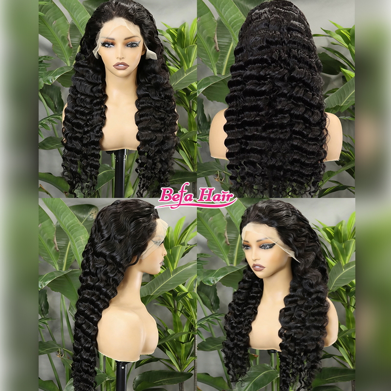 Befa Hair Promotional Natural Black Deep Wave 250% Density Virgin Human Hair Wigs Transparent Lace 13x4 Frontal Wigs