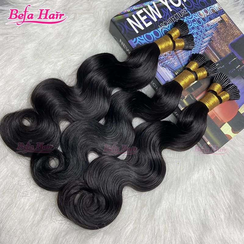 Befa Hair Wholesale I-tips Keratin Human Hair Extensions Cuticle Aligne Hair 12"-30"inch Natural Black Body Wave Hair Extensions