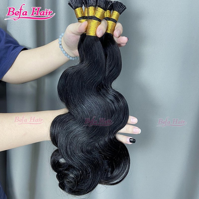 Befa Hair Wholesale I-tips Keratin Human Hair Extensions Cuticle Aligne Hair 12"-30"inch Natural Black Body Wave Hair Extensions
