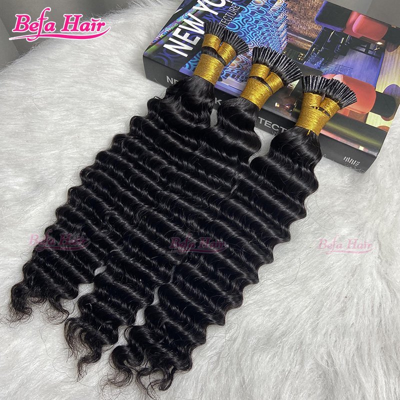 Befa Hair Wholesale Deep Wave I-tips Cuticle Aligne Hair 14"-30"inch Keratin Human Hair Extensions Natural Black Hair Extensions