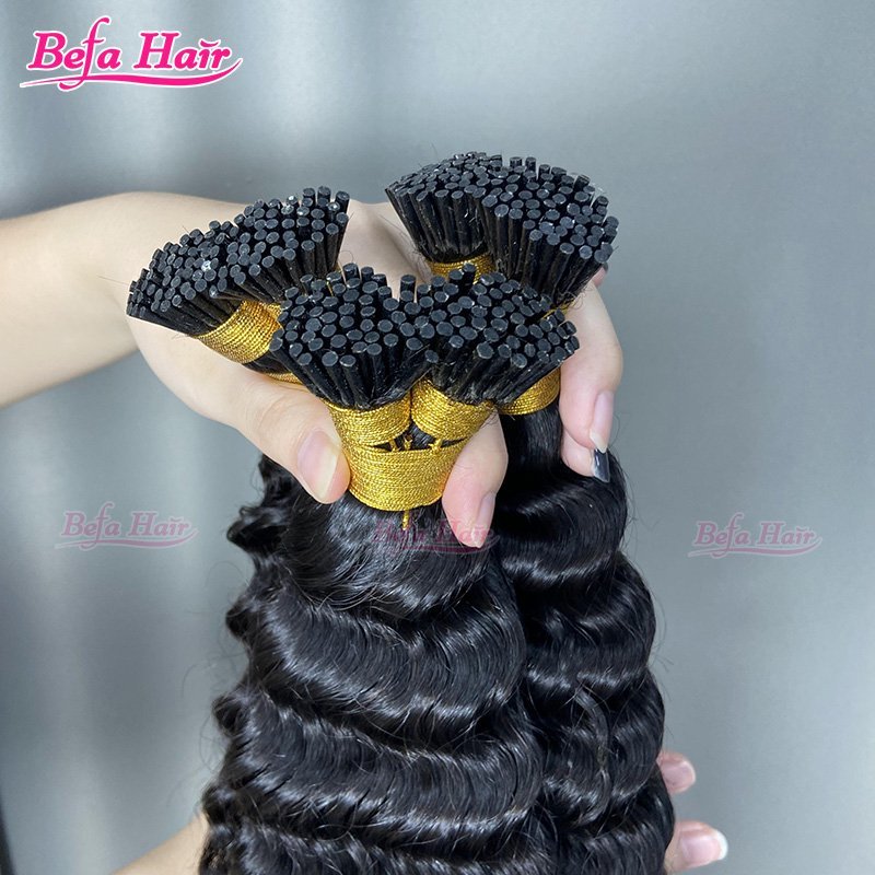 Befa Hair Wholesale Deep Wave I-tips Cuticle Aligne Hair 14"-30"inch Keratin Human Hair Extensions Natural Black Hair Extensions