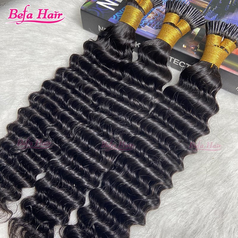 Befa Hair Wholesale Deep Wave I-tips Cuticle Aligne Hair 14"-30"inch Keratin Human Hair Extensions Natural Black Hair Extensions