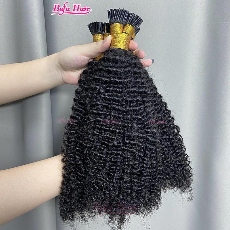 Befa Hair Wholesale Kinky Curl cuticle aligned I tip human hair extensions 14"-30"inch Keratin Natural Black Hair Extensions