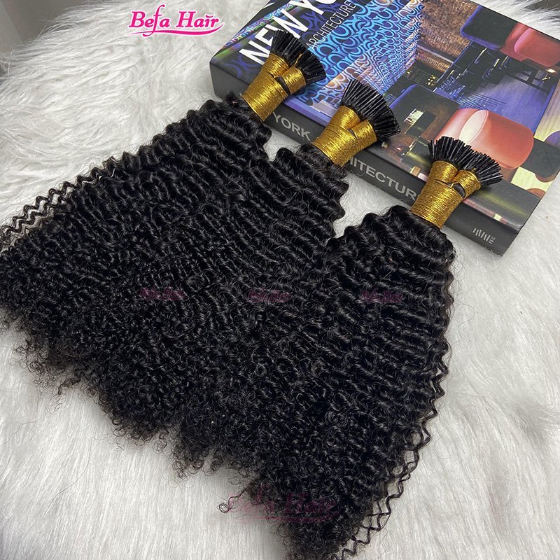 Befa Hair Wholesale Kinky Curl cuticle aligned I tip human hair extensions 14"-30"inch Keratin Natural Black Hair Extensions