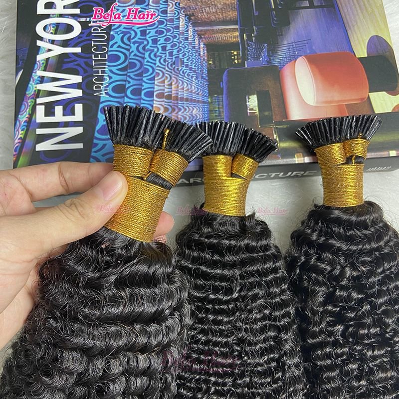 Befa Hair Wholesale Kinky Curl cuticle aligned I tip human hair extensions 14"-30"inch Keratin Natural Black Hair Extensions