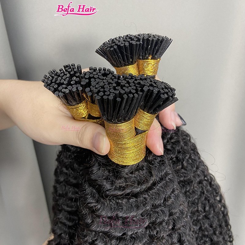 Befa Hair Wholesale Kinky Curl cuticle aligned I tip human hair extensions 14"-30"inch Keratin Natural Black Hair Extensions