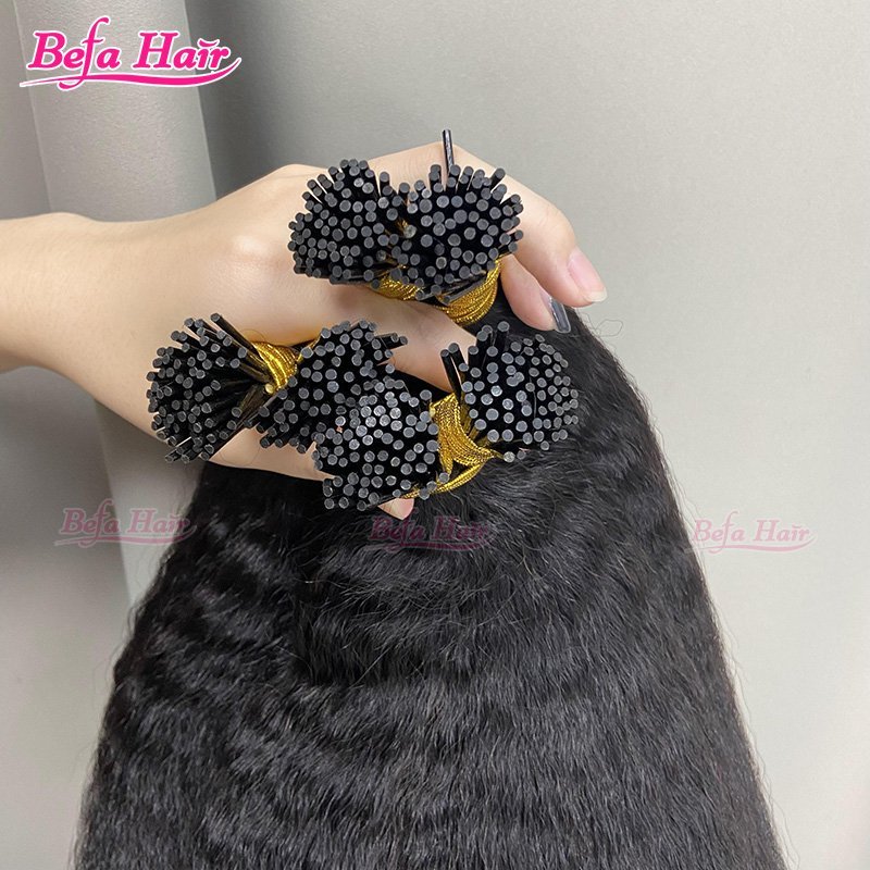 Befa Hair Wholesale Kinky Straight cuticle aligned I tip human hair extensions 14"-30"inch Keratin Natural Black Hair Extensions