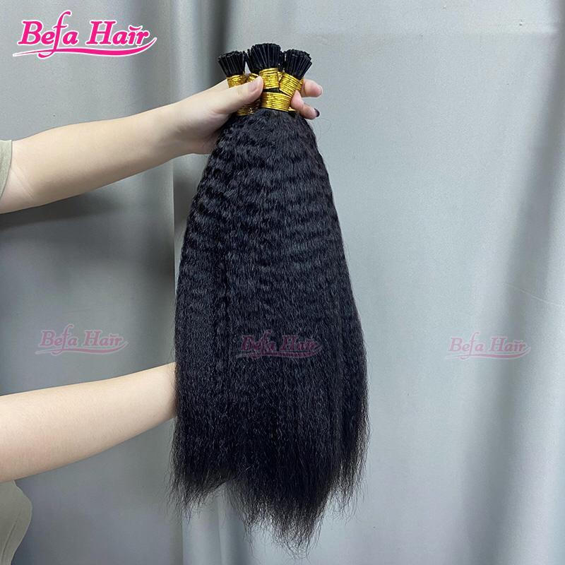 Befa Hair Wholesale Kinky Straight cuticle aligned I tip human hair extensions 14"-30"inch Keratin Natural Black Hair Extensions