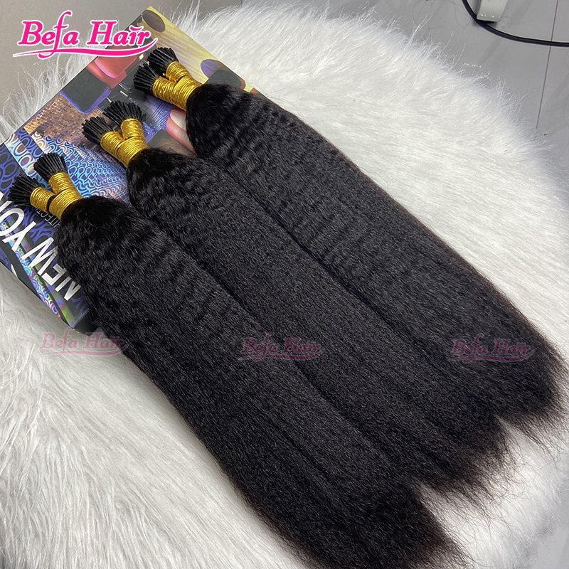 Befa Hair Wholesale Kinky Straight cuticle aligned I tip human hair extensions 14"-30"inch Keratin Natural Black Hair Extensions