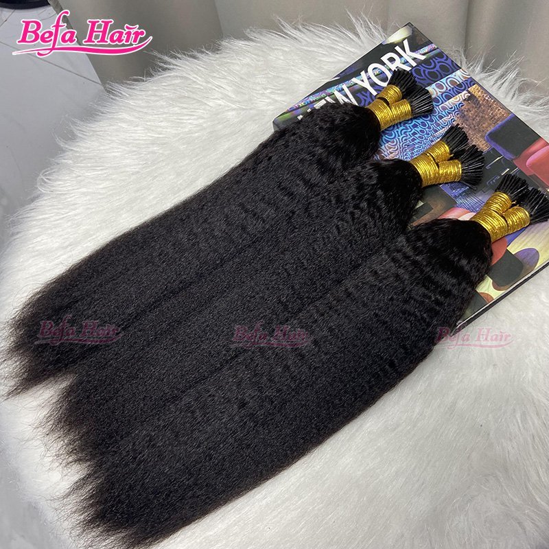 Befa Hair Wholesale Kinky Straight cuticle aligned I tip human hair extensions 14"-30"inch Keratin Natural Black Hair Extensions