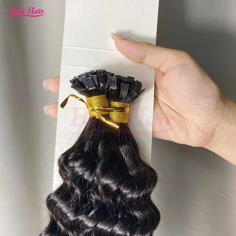 Befa Hair Wholesale Cuticle Aligne Hair 12"-30"inch flat-tips Keratin Human Hair Extensions Natural Black Deep Wave Hair Extensions