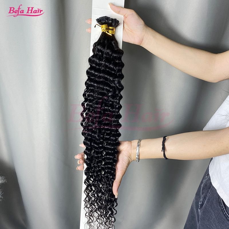 Befa Hair Wholesale Cuticle Aligne Hair 14"-30"inch flat-tips Keratin Human Hair Extensions Natural Black Deep Wave Hair Extensions