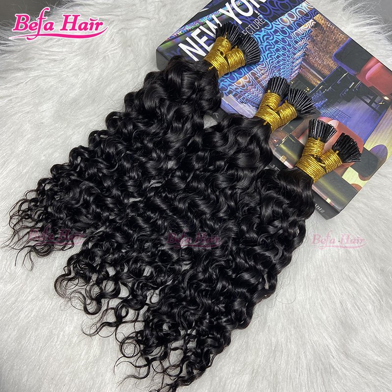 Befa Hair Wholesale Water Wave cuticle aligned I tip human hair extensions 14"-30"inch Keratin Natural Black Hair Extensions