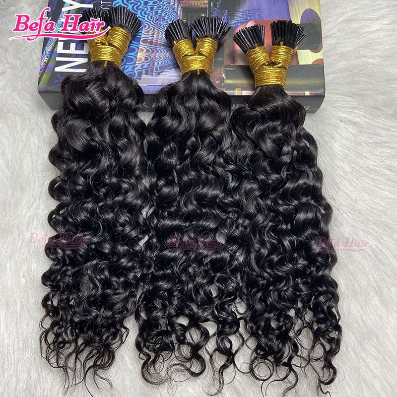 Befa Hair Wholesale Water Wave cuticle aligned I tip human hair extensions 14"-30"inch Keratin Natural Black Hair Extensions