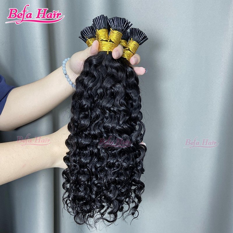 Befa Hair Wholesale Water Wave cuticle aligned I tip human hair extensions 14"-30"inch Keratin Natural Black Hair Extensions