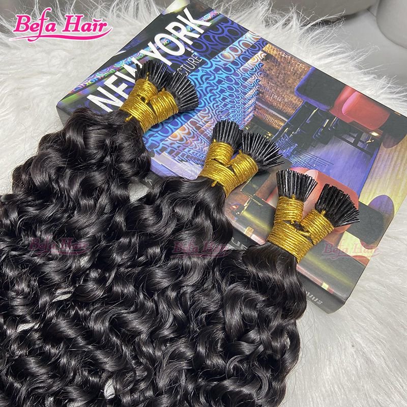 Befa Hair Wholesale Water Wave cuticle aligned I tip human hair extensions 14"-30"inch Keratin Natural Black Hair Extensions