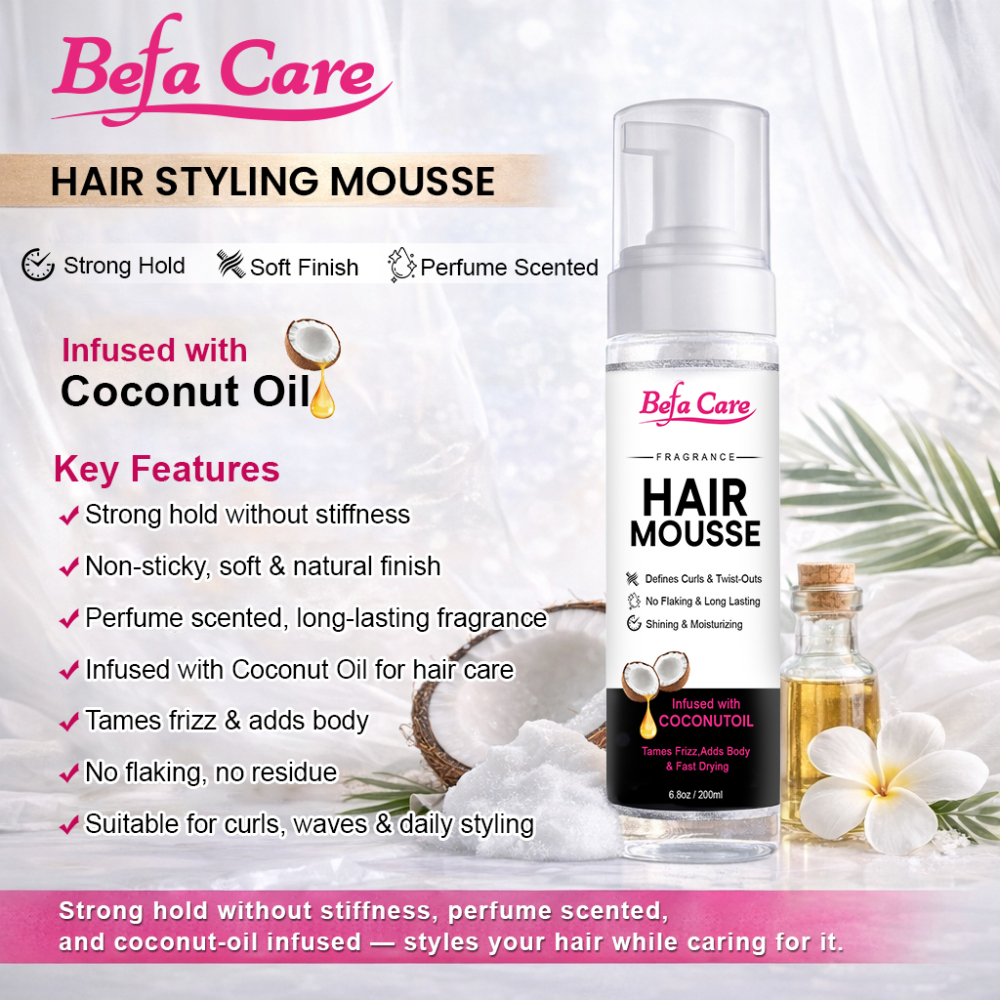 Befa Care Fragrance Coconut Oil Hair Styling Mousse Foam Curl Defining Flexibility Curling Hair Mousse Free Private Label