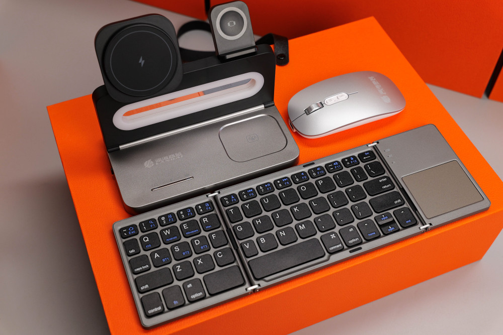 3-in-1 Wireless Charging Station with Ambient Night Light+ Foldable Bluetooth Keyboard + Silent Bluetooth Mouse | Custom Corporate Gift Box