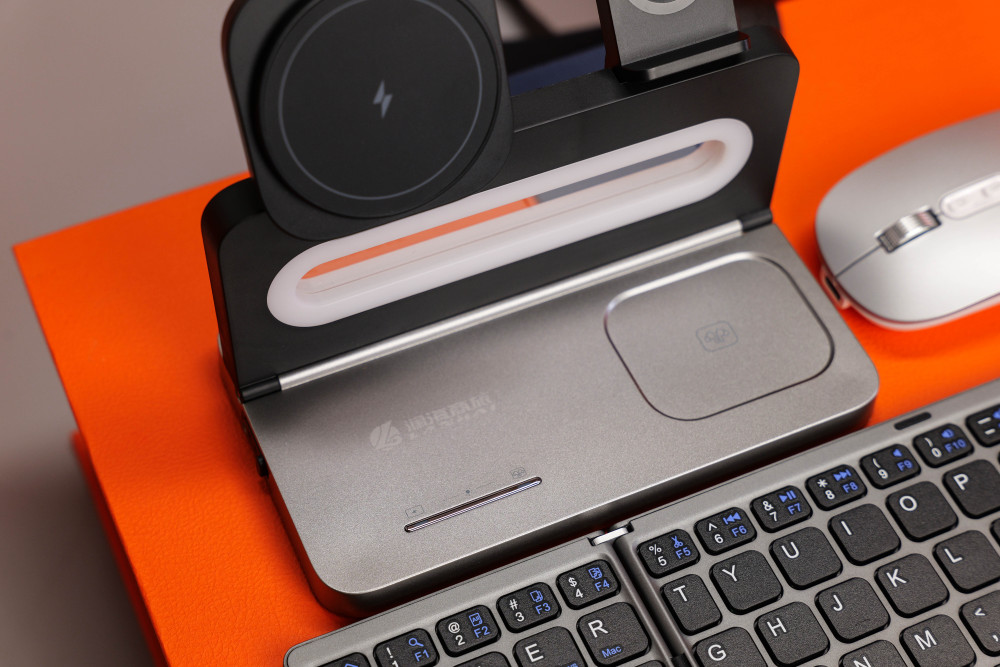 3-in-1 Wireless Charging Station with Ambient Night Light+ Foldable Bluetooth Keyboard + Silent Bluetooth Mouse | Custom Corporate Gift Box