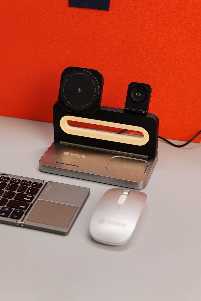 3-in-1 Wireless Charging Station with Ambient Night Light+ Foldable Bluetooth Keyboard + Silent Bluetooth Mouse | Custom Corporate Gift Box