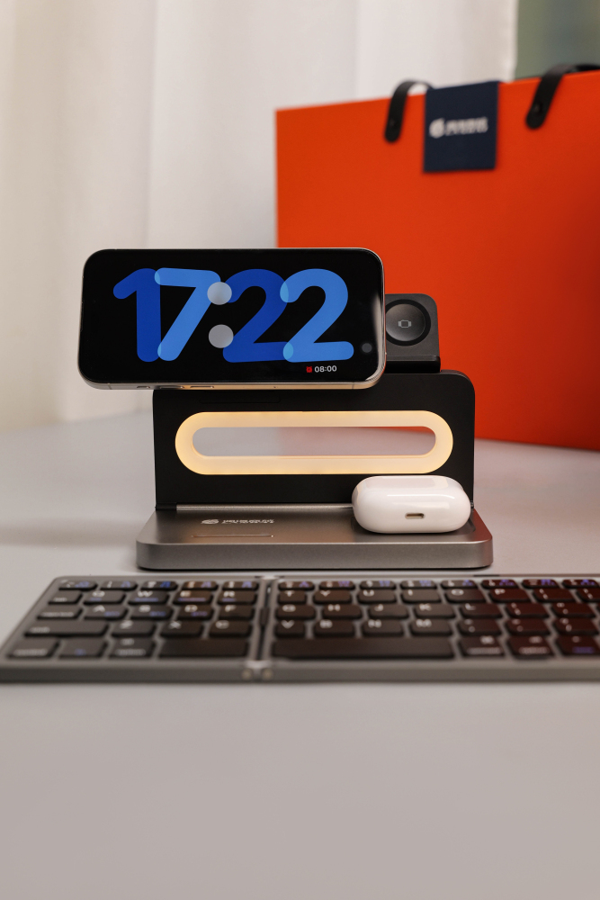 3-in-1 Wireless Charging Station with Ambient Night Light+ Foldable Bluetooth Keyboard + Silent Bluetooth Mouse | Custom Corporate Gift Box