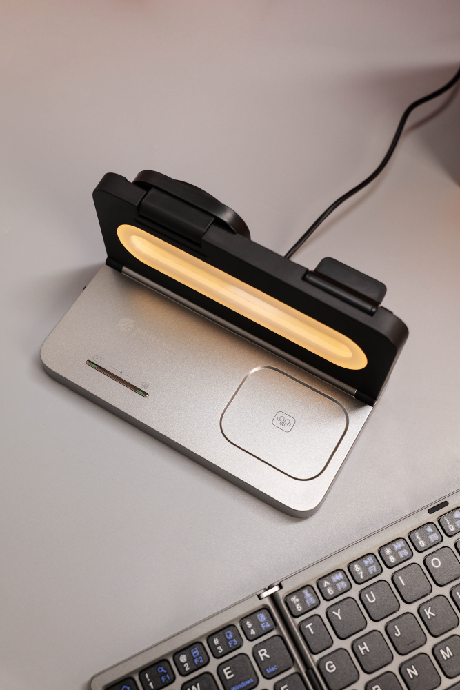 3-in-1 Wireless Charging Station with Ambient Night Light+ Foldable Bluetooth Keyboard + Silent Bluetooth Mouse | Custom Corporate Gift Box
