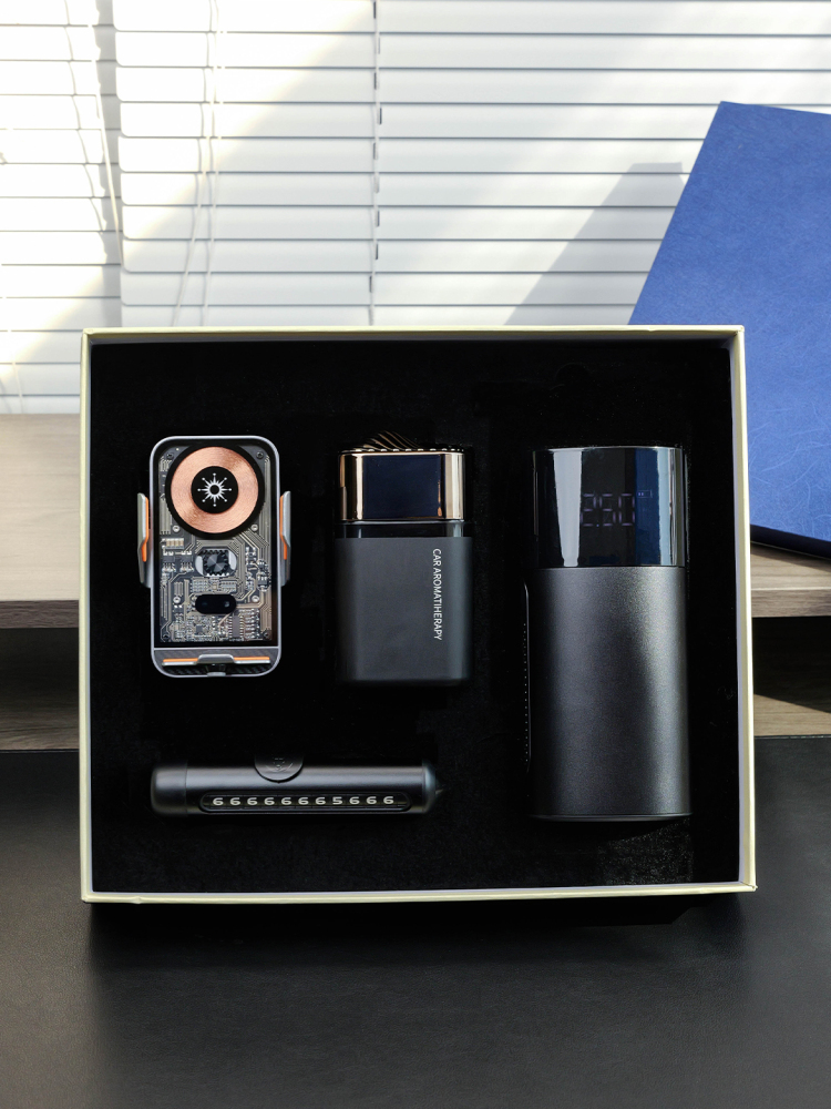 Car Accessories Gift Set with Wireless Charging Mount | Aromatherapy Diffuser, Air Pump & Parking Number Plate with Custom Logo