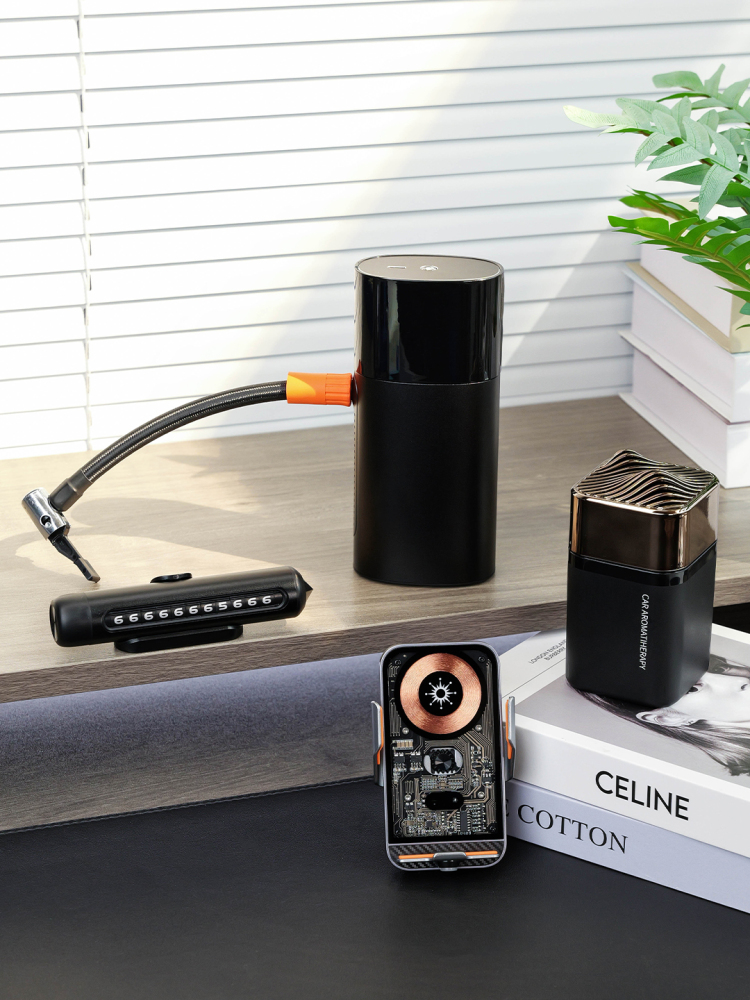Car Accessories Gift Set with Wireless Charging Mount | Aromatherapy Diffuser, Air Pump & Parking Number Plate with Custom Logo