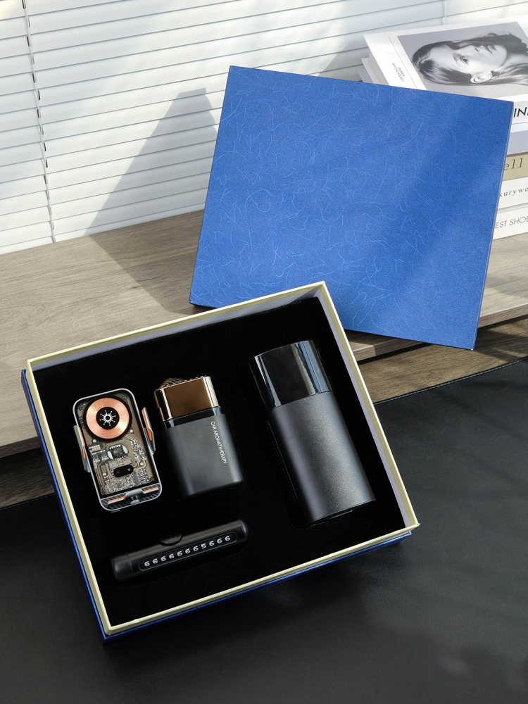 Car Accessories Gift Set with Wireless Charging Mount | Aromatherapy Diffuser, Air Pump & Parking Number Plate with Custom Logo
