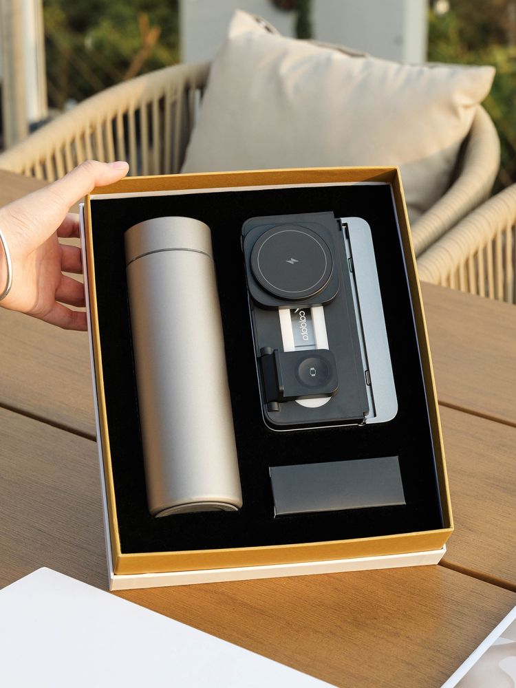 3-in-1 Foldable Wireless Charging Gift Set with Night Light | Phone, Watch & Earbuds Charger + Titanium Insulated Tumbler | Custom Logo