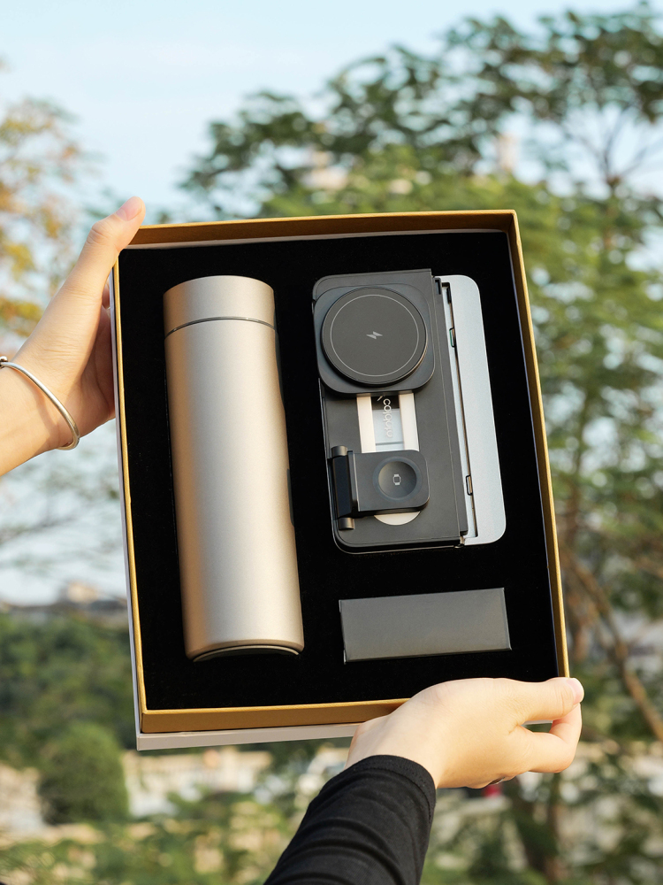 3-in-1 Foldable Wireless Charging Gift Set with Night Light | Phone, Watch & Earbuds Charger + Titanium Insulated Tumbler | Custom Logo