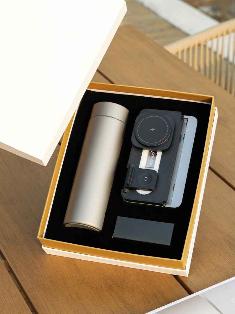 3-in-1 Foldable Wireless Charging Gift Set with Night Light | Phone, Watch & Earbuds Charger + Titanium Insulated Tumbler | Custom Logo