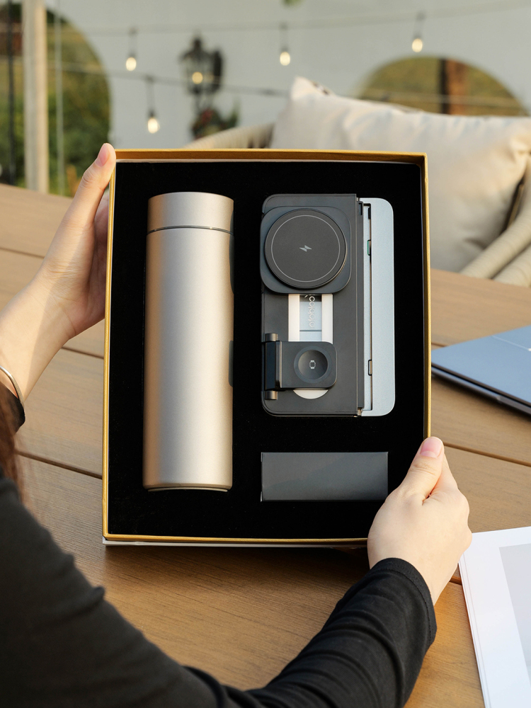 3-in-1 Foldable Wireless Charging Gift Set with Night Light | Phone, Watch & Earbuds Charger + Titanium Insulated Tumbler | Custom Logo