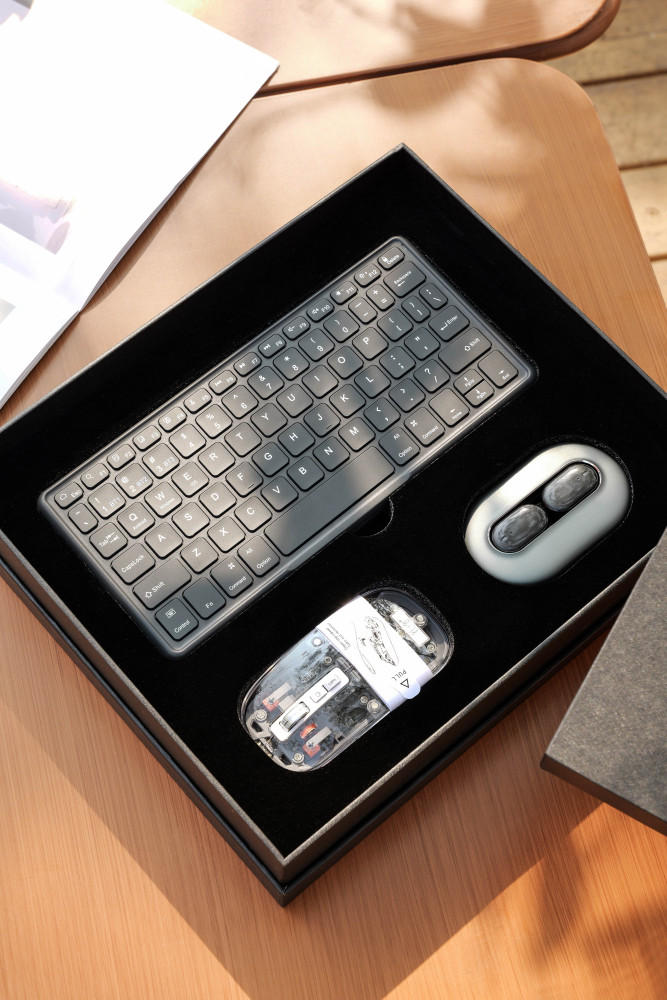 AI Translator Earbuds Gift Set with Display Case (150 Languages) | Transparent Mouse & Leather Keyboard Stand | Custom Logo Tech Kit