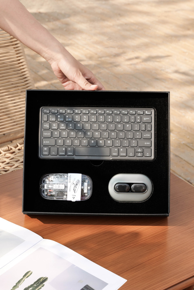 AI Translator Earbuds Gift Set with Display Case (150 Languages) | Transparent Mouse & Leather Keyboard Stand | Custom Logo Tech Kit