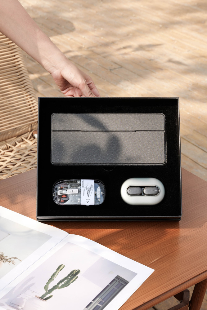 AI Translator Earbuds Gift Set with Display Case (150 Languages) | Transparent Mouse & Leather Keyboard Stand | Custom Logo Tech Kit