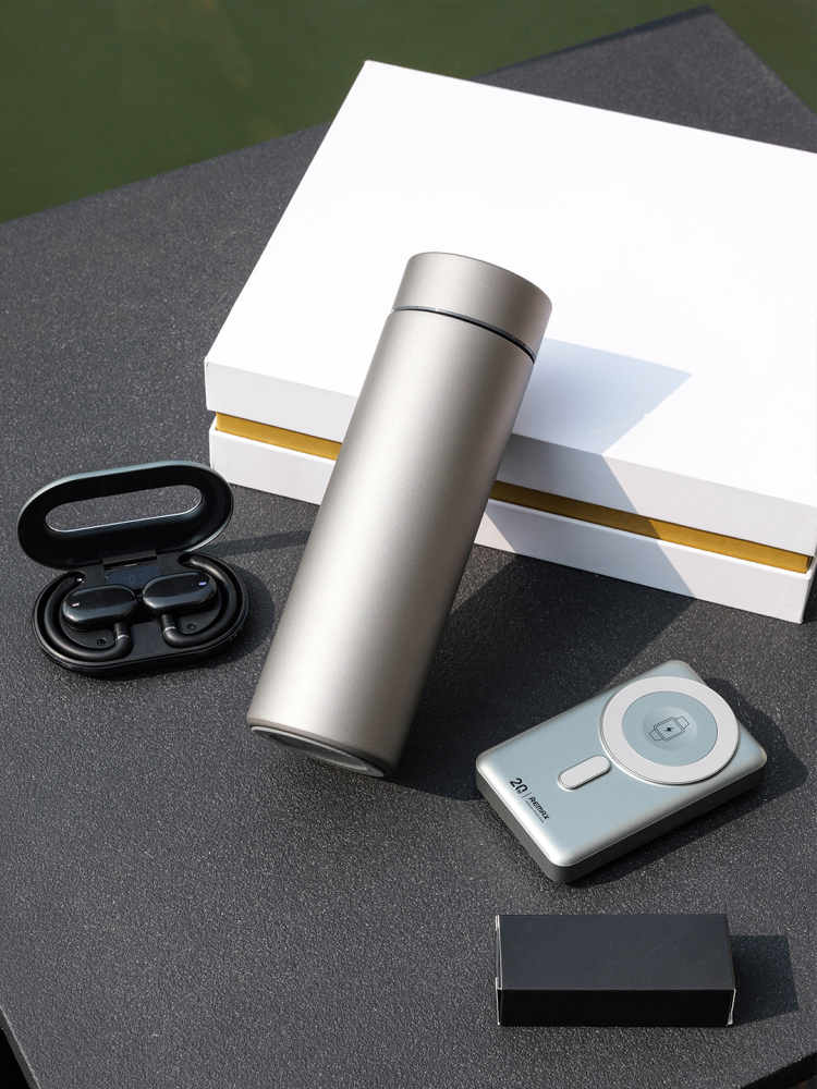 Magnetic Wireless Power Bank Gift Set with AI Translator Earbuds & Titanium Tumbler | Phone & Watch Charging | Custom Logo Corporate Gift