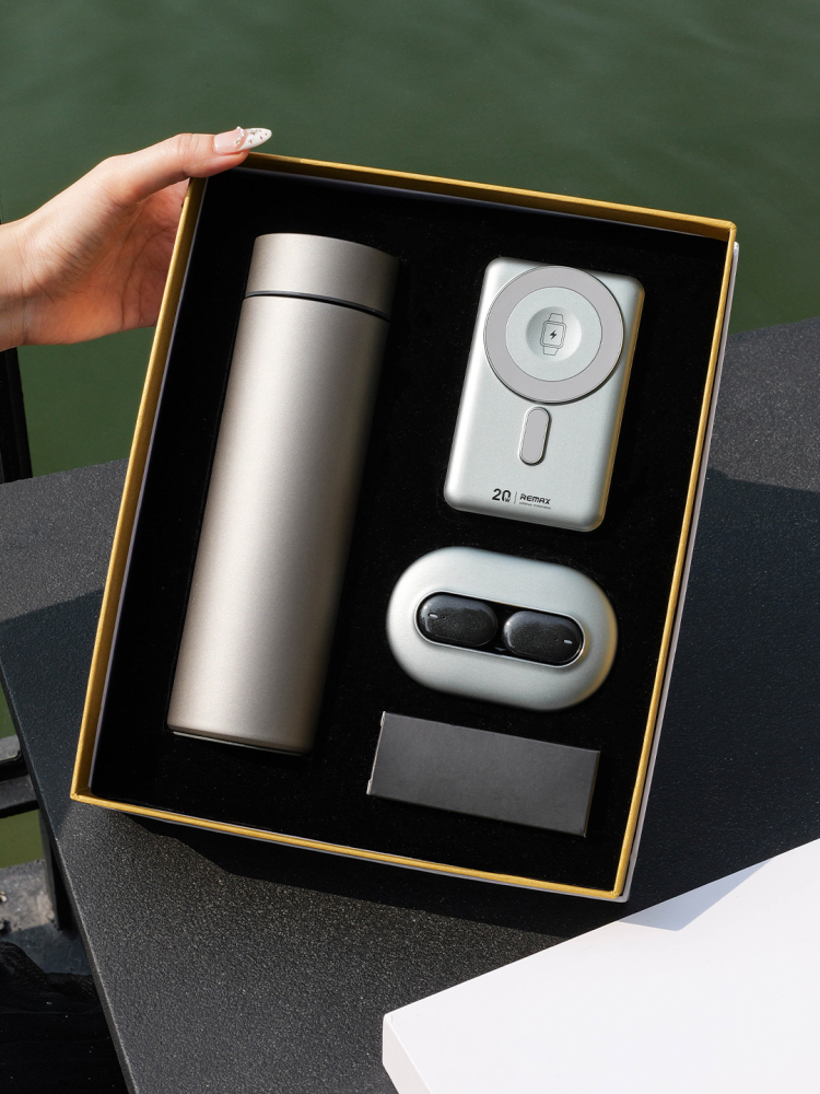 Magnetic Wireless Power Bank Gift Set with AI Translator Earbuds & Titanium Tumbler | Phone & Watch Charging | Custom Logo Corporate Gift