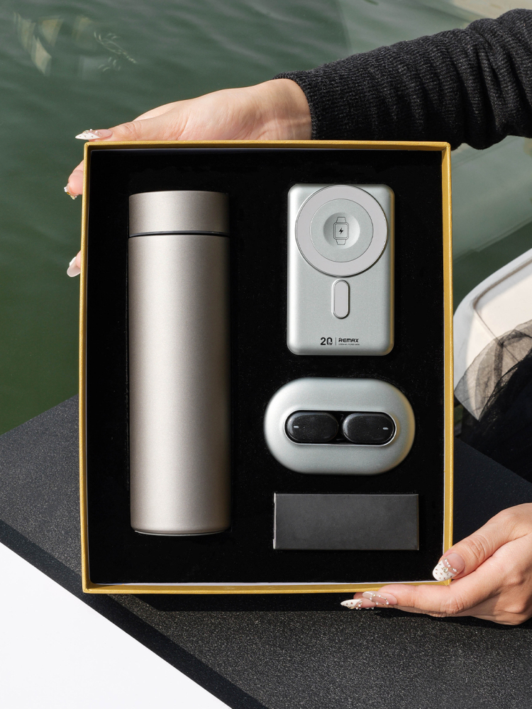Magnetic Wireless Power Bank Gift Set with AI Translator Earbuds & Titanium Tumbler | Phone & Watch Charging | Custom Logo Corporate Gift
