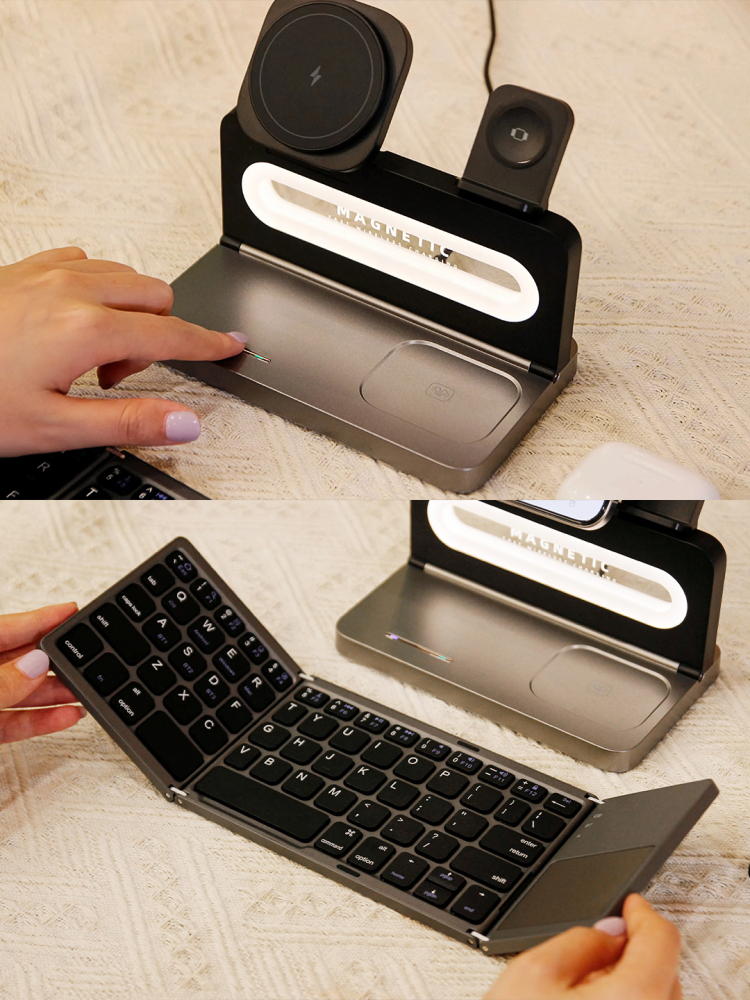 Foldable 3-in-1 Magnetic Wireless Charging Gift Set with Foldable Keyboard | Phone, Watch & Earbuds Charger | Custom Logo