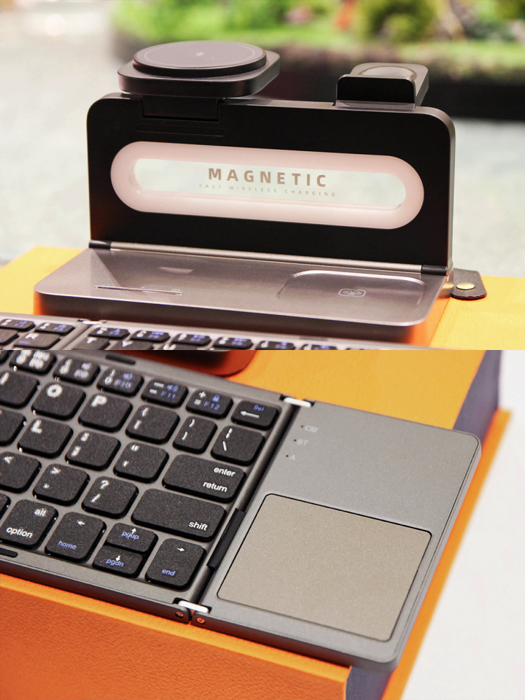Foldable 3-in-1 Magnetic Wireless Charging Gift Set with Foldable Keyboard | Phone, Watch & Earbuds Charger | Custom Logo