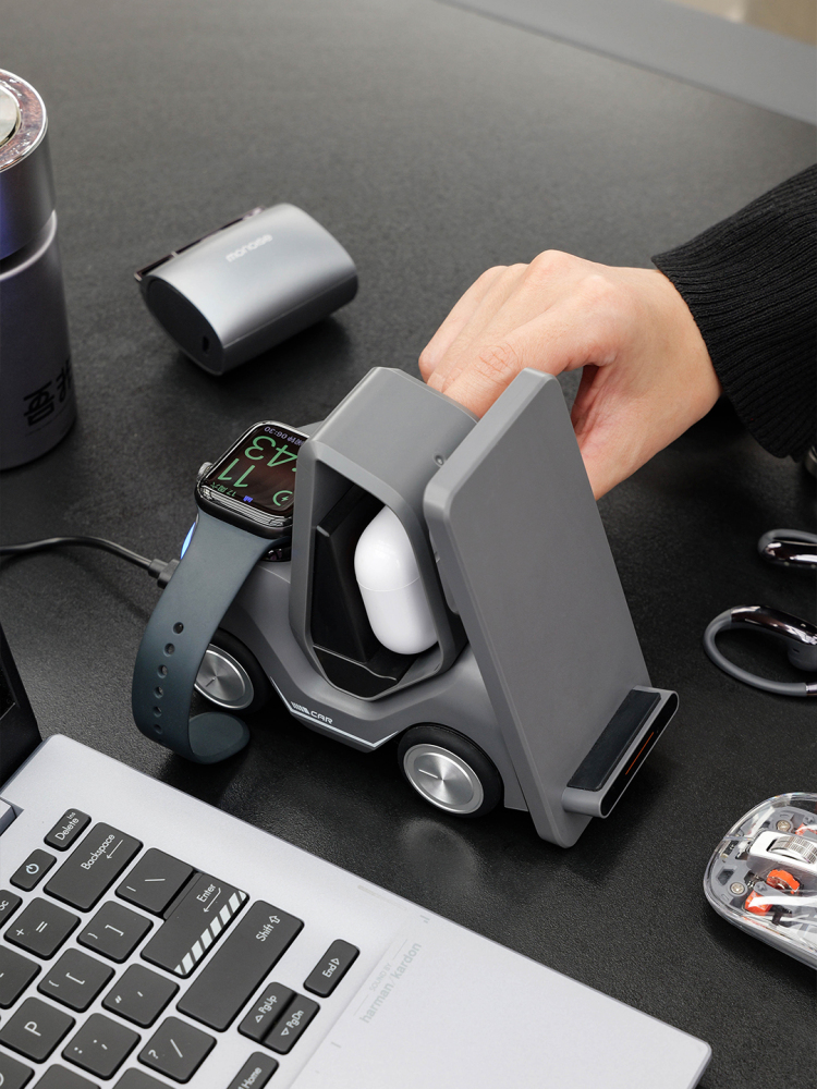 Car-Shaped 3-in-1 Wireless Charging Set with Transparent Mouse | Phone, Watch & Earbuds Charger | Custom Logo Tech Gift