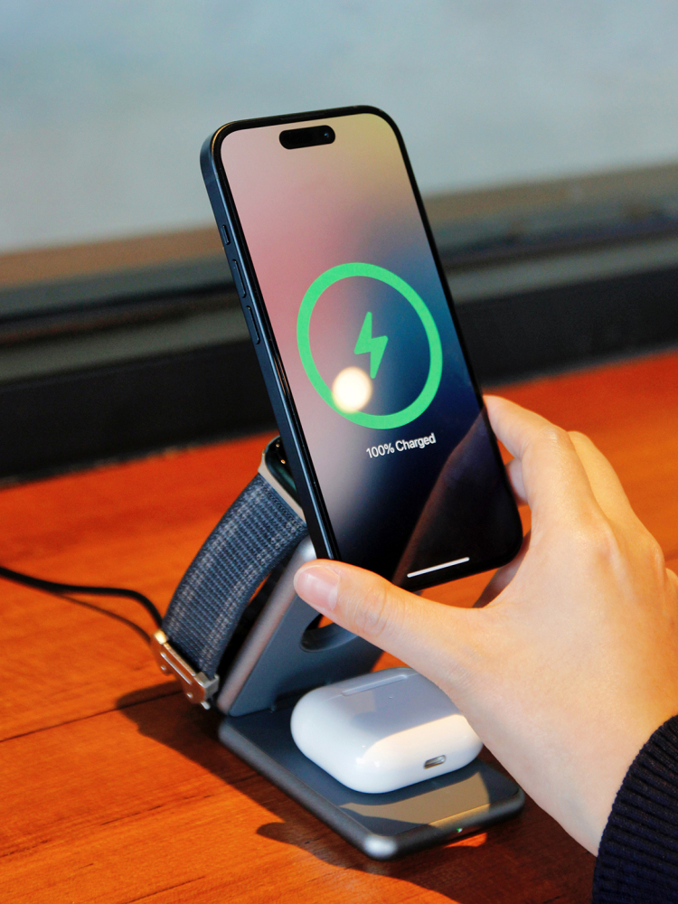 Foldable 3-in-1 Wireless Charging Set with Transparent Mouse  Phone, Watch & Earbuds Charger  Custom Logo Tech Gift
