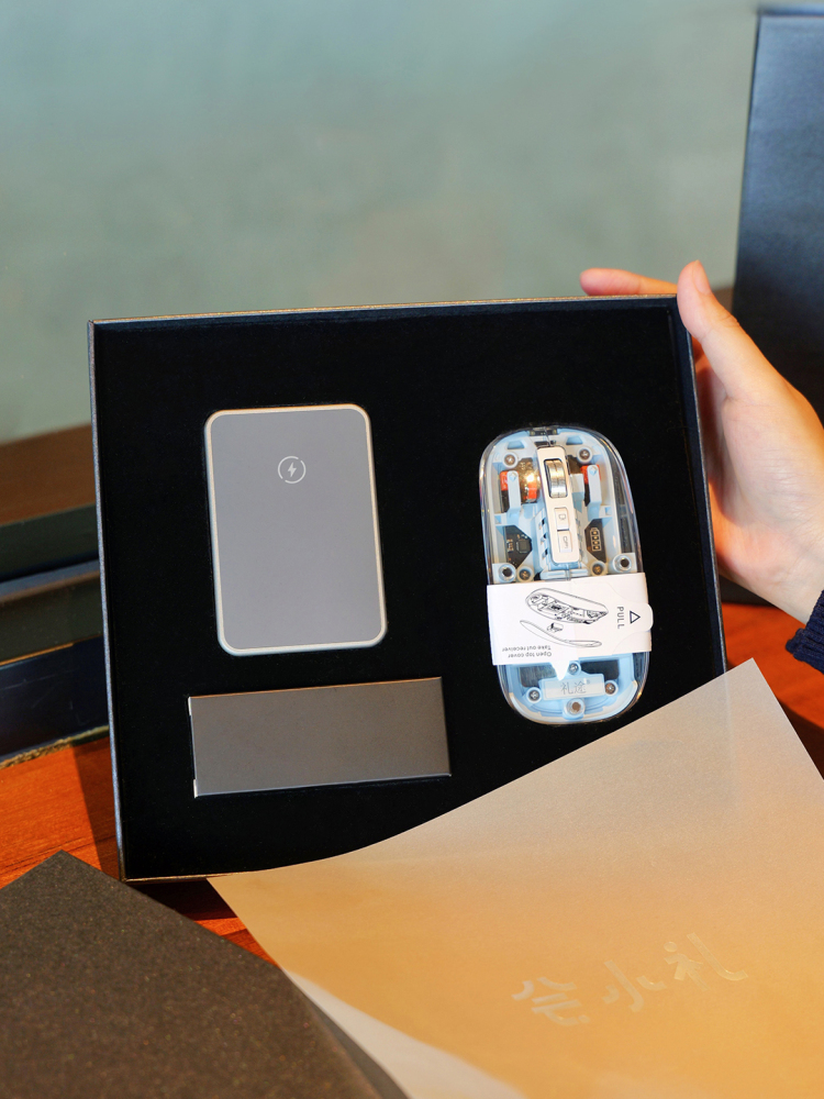 Foldable 3-in-1 Wireless Charging Set with Transparent Mouse  Phone, Watch & Earbuds Charger  Custom Logo Tech Gift