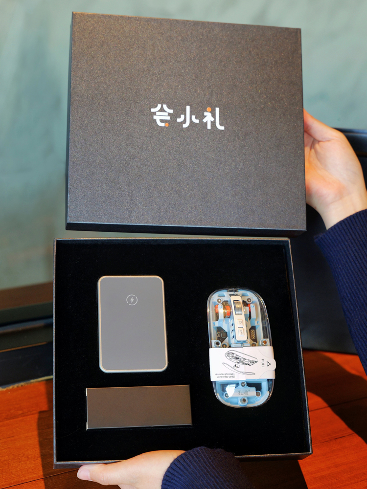 Foldable 3-in-1 Wireless Charging Set with Transparent Mouse  Phone, Watch & Earbuds Charger  Custom Logo Tech Gift