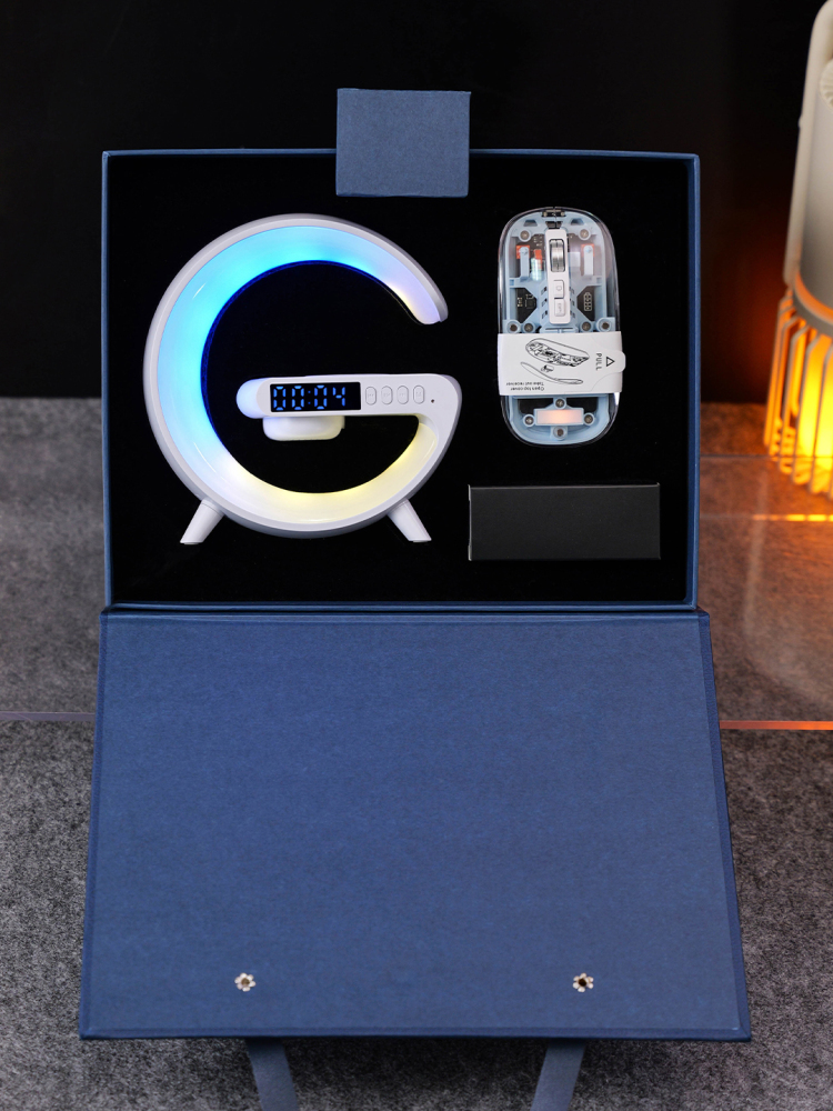 Moon Lamp Wireless Charging Set with Bluetooth Speaker & Alarm Clock | Adjustable Light Charger + Transparent Mouse | Custom Logo