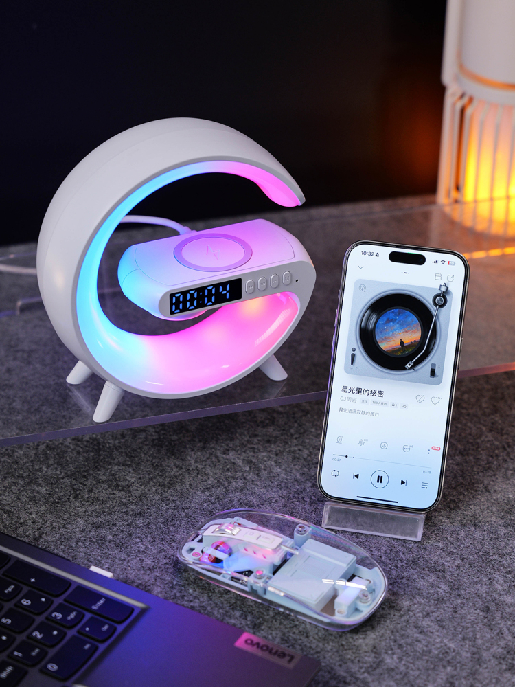 Moon Lamp Wireless Charging Set with Bluetooth Speaker & Alarm Clock | Adjustable Light Charger + Transparent Mouse | Custom Logo