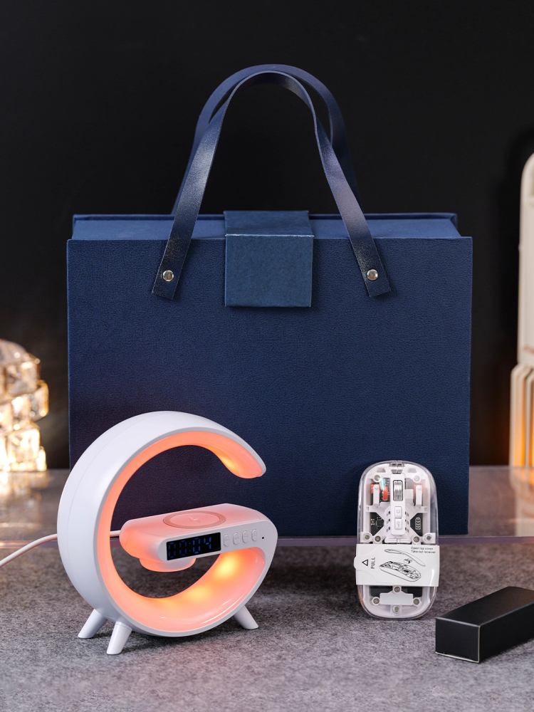 Moon Lamp Wireless Charging Set with Bluetooth Speaker & Alarm Clock | Adjustable Light Charger + Transparent Mouse | Custom Logo